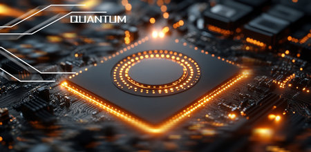A close-up view of a quantum processor showcasing its intricate design and glowing circuitsの素材
