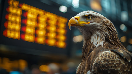 Eagle perch near busy trading floor with electronic display showing stock prices in a financial district. Generative AIの素材