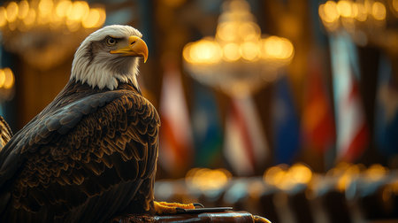 Majestic bald eagle perched in an elegantly decorated indoor space with soft lighting and cultural flags. Generative AIの素材