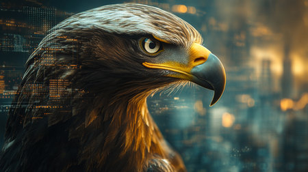 Majestic eagle perched against a digital city background, showcasing strength and vigilance during twilight hours. Generative AIの素材