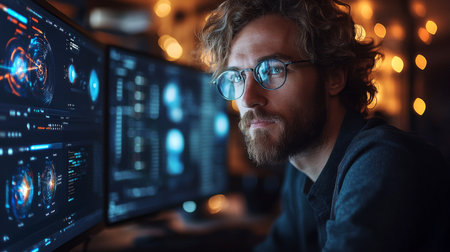Exploring quantum computing concepts through advanced algorithms and machine learning techniques in a modern workspace. Generative AIの素材