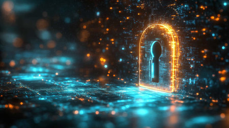 Quantum encryption and security concepts illustrated with a digital lock symbolizing eavesdropping protection. Generative AIの素材