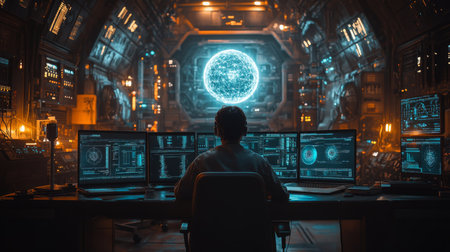 Exploring quantum encryption concepts with advanced technology in a futuristic control room setting. Generative AIの素材