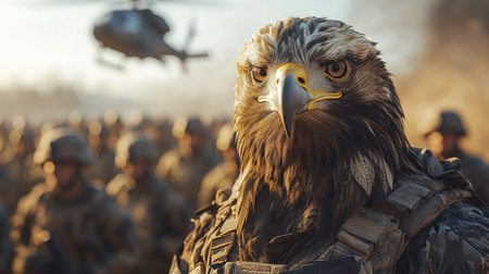 Soldier in camouflage stands proudly with a majestic eagle during a military training exercise at dawn. Generative AIの素材