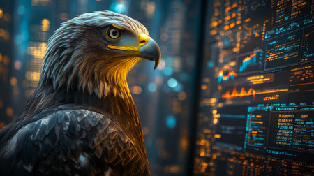 Majestic eagle gazes at financial data display in a modern city environment during nighttime. Generative AIの素材