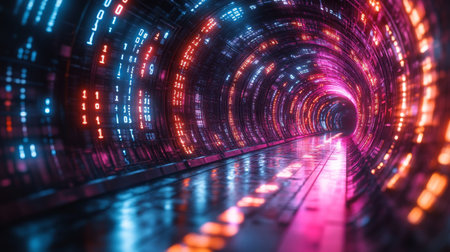 Exploring the dynamic world of quantum computing with qubits, superposition, and entanglement phenomena in a colorful digital tunnel. Generative AIの素材