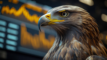 Majestic eagle portrait resting in an urban environment with financial data displayed in the background. Generative AIの素材