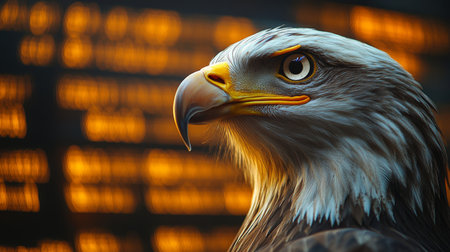 Bald eagle perched in front of illuminated backdrop showcasing numbers and patterns in urban setting. Generative AIの素材
