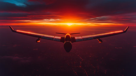 Advanced drone capturing satellite signals during sunset over urban landscape in the evening sky. Generative AIの素材