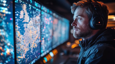 Satellite tracking operations monitoring telemetry and positioning data from multiple spacecraft in a control room. Generative AIの素材