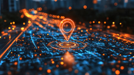 Illuminated urban landscape showcasing advanced satellite positioning and tracking technology at night. Generative AIの素材