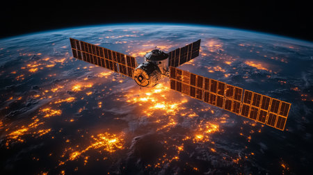Satellite orbiting Earth for telemetry monitoring and geospatial analysis during nighttime illumination. Generative AIの素材