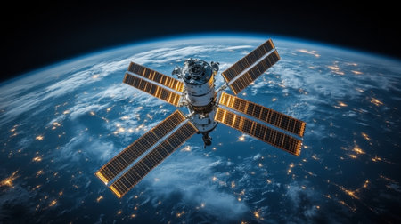 Advanced satellite in low Earth orbit transmitting telemetry and GPS signals for precise tracking and positioning data. Generative AIの素材