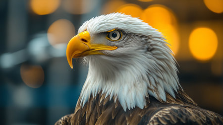 Majestic bald eagle perched gracefully with sharp gaze in a vibrant setting during golden hour. Generative AIの素材