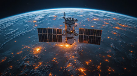 Satellite in orbit captures Earths glowing cities as it transmits data for global positioning and tracking. Generative AIの素材