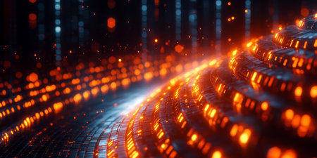 Quantum computing visualization showing complex interactions and data pathways. Generative AIの素材