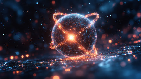 Exploring the principles of quantum mechanics with focus on qubit, superposition, and entanglement in a cosmic visualization. Generative AIの素材