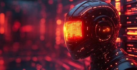 A futuristic robotic figure with a glowing red head stands in an abstract digital environmentの素材