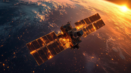 Satellite in orbit around Earth captures sunlight with solar panels during dusk, showcasing advanced technology and design. Generative AIの素材