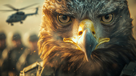 Majestic eagle gazes with intensity as soldiers prepare for a mission in the background during golden hour. Generative AIの素材