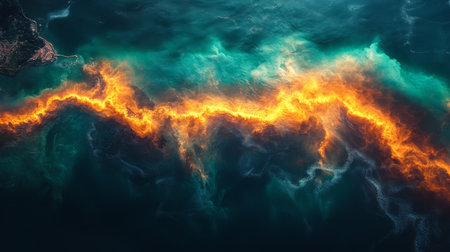 Satellite imagery captures fiery geospatial phenomenon across ocean surface at an unspecified location. Generative AIの素材