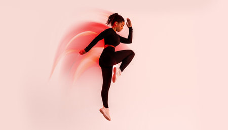 Determined lady exercising, doing elbow to knee crunches or jumping on red neon background