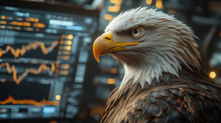 Majestic eagle perched near trading screens in a financial environment showcasing data and graphs. Generative AIの素材