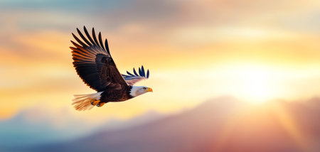 Majestic eagle soaring through the colorful sky at sunset in nature wilderness. Generative AIの素材