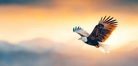Majestic eagle soaring through vibrant sky during sunset in serene landscape. Generative AIの素材