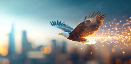 Eagle soaring above the city skyline at dusk with a shimmering effect Generative AIの素材