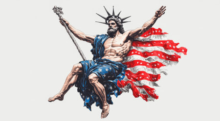 Eagle crowned figure with American flag symbolizing freedom and strength in nature. Generative AIの素材