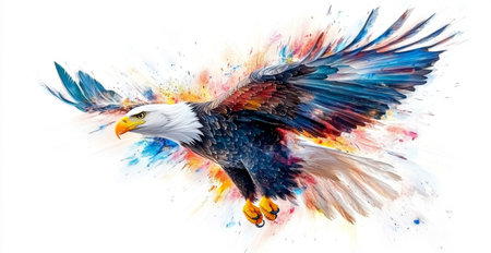 Majestic bald eagle in colorful flight with vivid splashes of paint Generative AIの素材