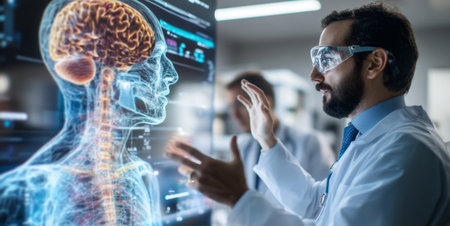 Future doctors engaging in advanced medical training with virtual anatomy display. Generative AIの素材