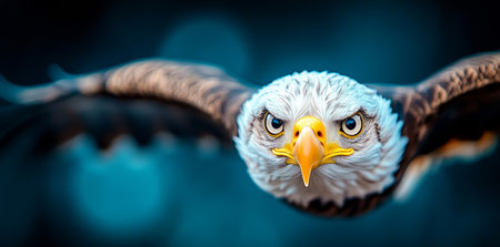 Bald eagle flying gracefully against a blurred blue background in natural habitat Generative AIの素材