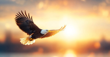 Majestic eagle soaring through the skies at sunset in a natural landscape. Generative AIの素材