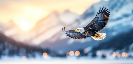 Majestic eagle soaring above snow-covered mountains at sunset. Generative AIの素材
