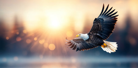 Majestic eagle soaring gracefully against a sunrise backdrop in a serene landscape Generative AIの素材