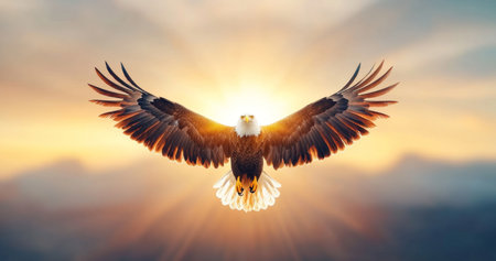 Majestic eagle soaring above a golden landscape at sunset. Generative AIの素材