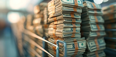 Banking security with stacks of cash secured in a safe environment. Generative AIの素材