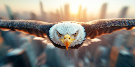 Majestic bald eagle soaring over a city skyline during sunset Generative AIの素材
