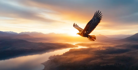 Eagle soaring over a river at sunset in a breathtaking natural landscape. Generative AIの素材