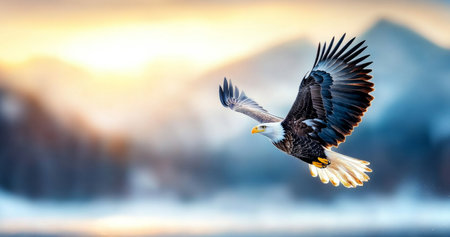Bald eagle soaring through the sky at sunrise over a mountainous landscape Generative AIの素材