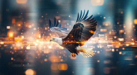 Majestic eagle soaring through a vibrant abstract background at sunset Generative AIの素材