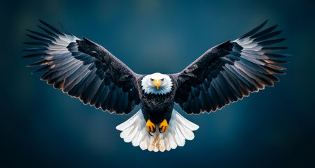 Majestic bald eagle soaring gracefully against a blue sky backdrop Generative AIの素材
