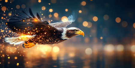 Eagle soaring above shimmering water at twilight with sparkling highlights Generative AIの素材