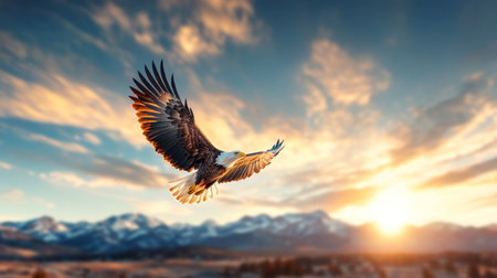 Majestic eagle gliding through a colorful sunset over mountain landscape. Generative AIの素材
