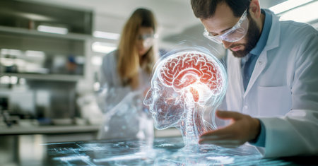Future doctors analyze advanced brain models during an internship in a lab setting. Generative AIの素材