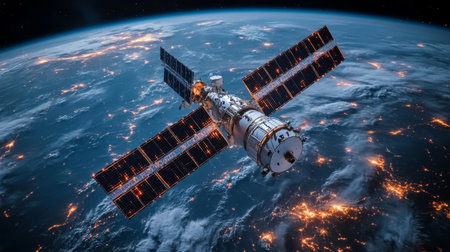 Satellite in orbit transmitting telemetry data for global positioning systems. Generative AIの素材