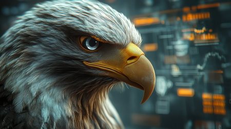 Majestic eagle showcasing fierce gaze against high-tech backdrop with data analytics visuals from early morning. Generative AIの素材