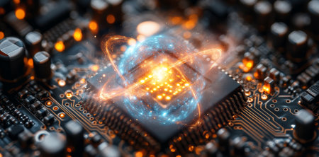 Exploring quantum computing with qubits and superposition on a circuit board. Generative AIの素材
